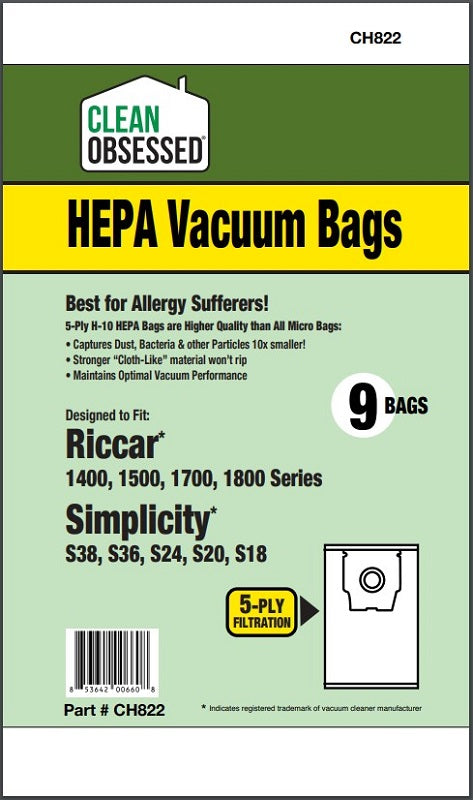Riccar/Simplicity Type H Riccar Canisters 1500, 1700, 1800 Simplicity S18, S20, S24, S36, S38 HEPA 9/pk CH822