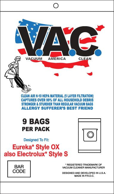 PERFECT V.A.C. EUREKA TYPE OX, ELECTROLUX TYPE S, HEPA BAGS, 9 PK VAC12