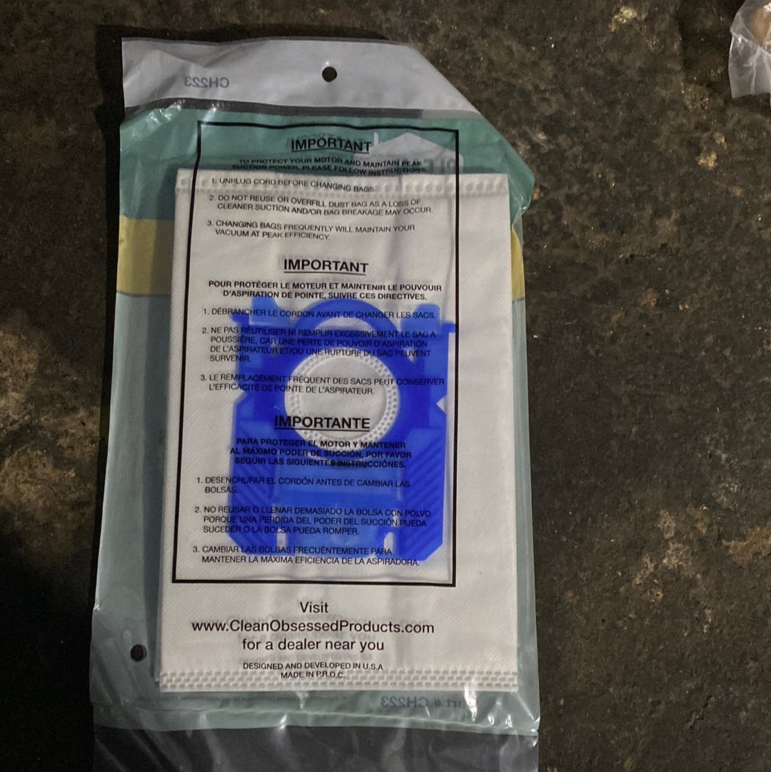 CLEAN OBSESSED EUREKA TYPE OX, ELECTROLUX TYPE S, HEPA BAGS, 3/PK CH223