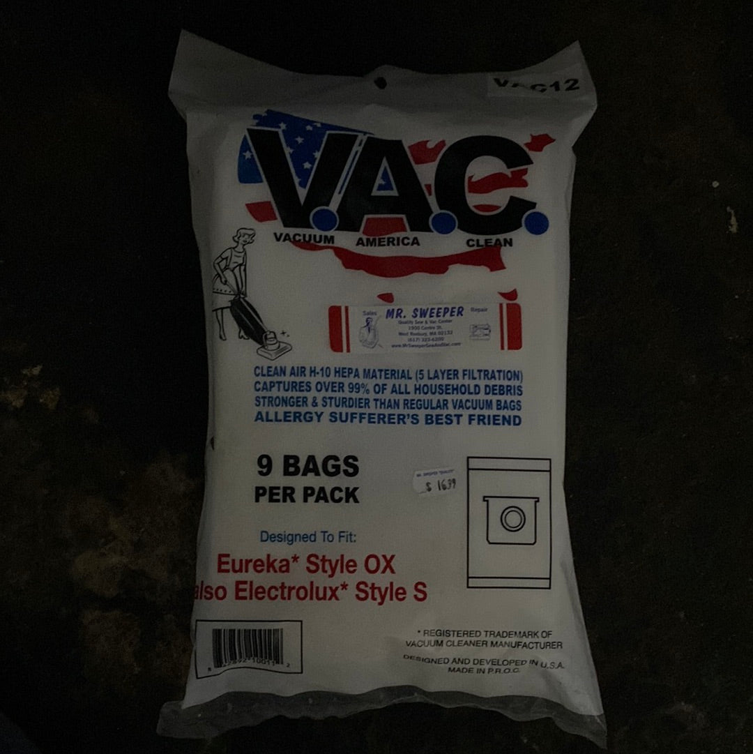 PERFECT V.A.C. EUREKA TYPE OX, ELECTROLUX TYPE S, HEPA BAGS, 9 PK VAC12