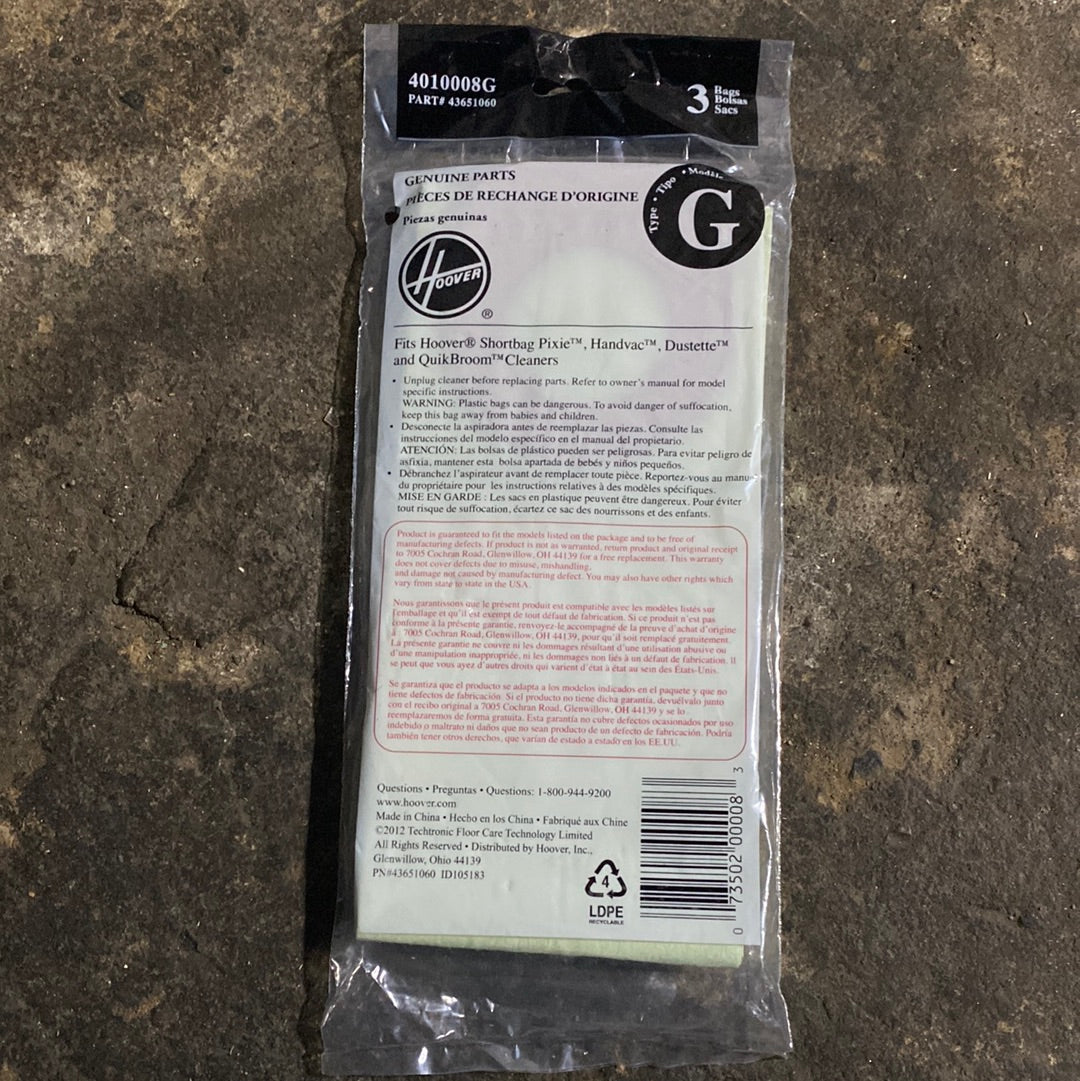 PAPER BAGS-HOOVER,G,3PK,BROOM NLA 12-2021 4010008G