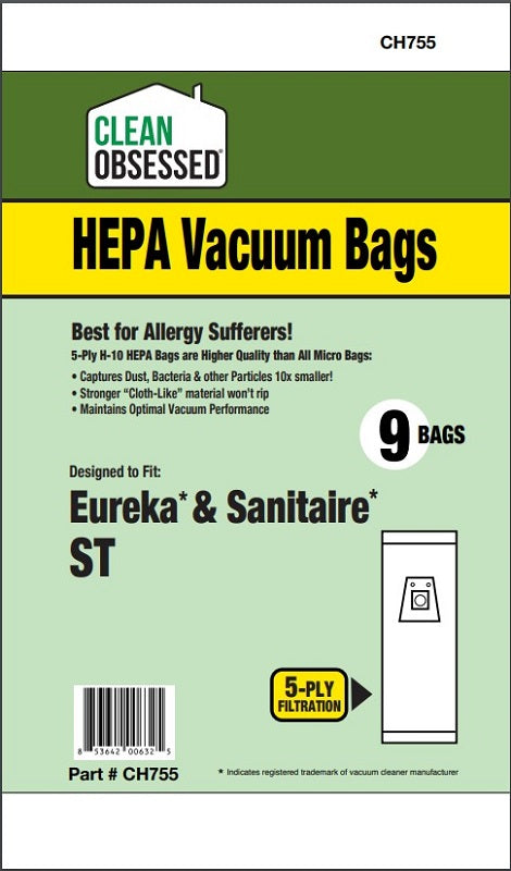 Clean Obsessed Eureka/Sanitaire Bags Type ST HEPA 9/pk CH755