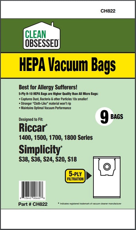 Riccar/Simplicity Type H Riccar  Canisters 1500, 1700, 1800 Simplicity S18, S20, S24, S36, S38 HEPA 9/pk CH822