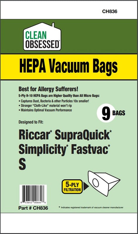 Riccar/Simplicity Type S HEPA 9/pk Riccar Supraquick, Simplicity S/Fastvac CH836