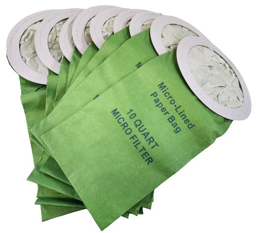10 Quart Micro Paper Backpack Bags, 10/pk, Round Collar. Fits Proteam, Sandia, Perfect CP781