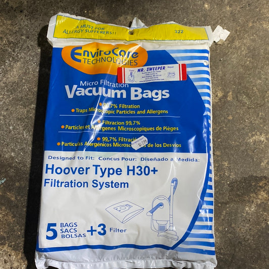 PAPER BAGS-HOOVER,H30 PLUS,5PK,CANISTER,MICRO CANISTER,ENVIROCARE,REPL 322
